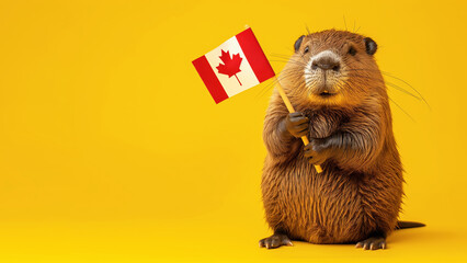 Groundhog holding Canadian flag on yellow background