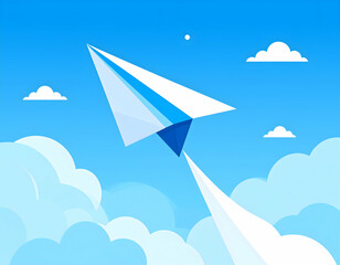 Paper Airplane Flying In Blue Sky With Clouds