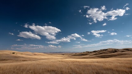 Fototapeta premium Expansive golden grassland meets a dynamic blue sky dotted with cumulus clouds