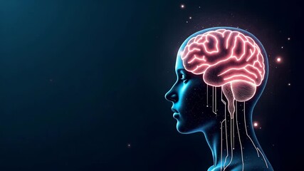 Human brain illustration with neon effects on dark background - Powered by Adobe