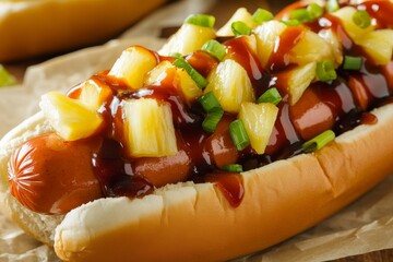 Hawaiian hot dog with pineapple and bbq sauce garnish