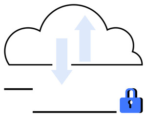 Cloud outline with upward and downward arrows and a locked padlock. Ideal for data storage, online security, backup, cloud computing, privacy, encryption, and file sharing. Flat simple metaphor