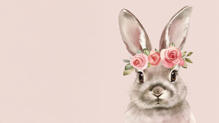 Fototapeta premium Watercolor bunny with flower crown on soft pink background. Easter theme