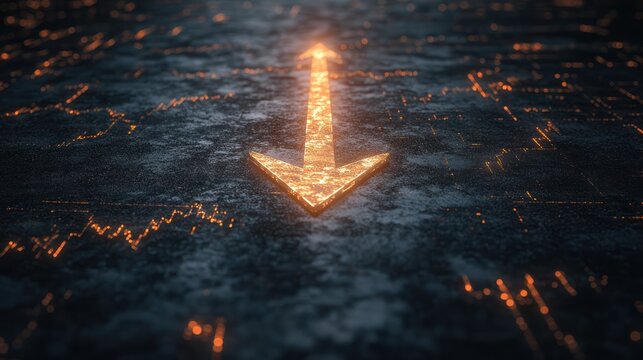Downward arrow on a dark textured surface with glowing lines, implying decline or decrease