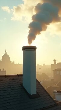Smoky chimney releasing steam against a sunset skyline  