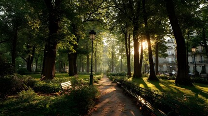 Obraz premium Golden Hour City Park Photography Guide for Tranquil Urban Landscapes and Stunning Light-Filled Outdoor Compositions