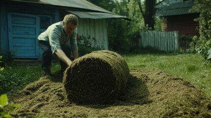 Rural Man Unrolling Hay Bale in Backyard