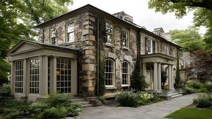 Stately residence featuring large windows and stone facade exuding timeless architectural elegance and modern prestige