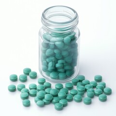 Teal Pills in a Glass Bottle - Pharmacy Product on white background