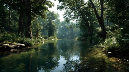 Experience landscapes along a flowing river lined with lush green trees offering peaceful serene escapes