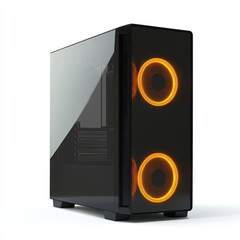 Obraz premium Sleek Black Computer Case with Orange LED Lights on white background