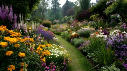 Obraz premium Lush Flower Garden Brimming with Multicolored Blooms and Verdant Foliage for Vibrant Outdoor Floral Inspiration