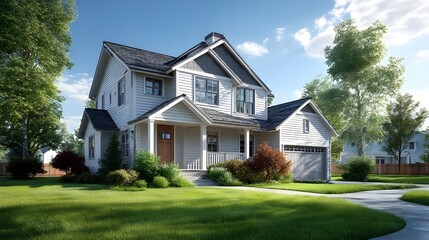 3D Suburban Home with Lush Lawn, Clear Blue Sky Render Techniques for Realistic Architectural Presentations