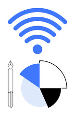 wireless signal, pen, and segmented pie chart in focus, highlighting digital connection, data visualization, and creativity. Ideal for tech, analytics, innovation research education design