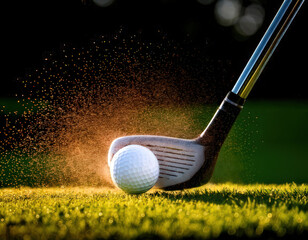 powerful closeup capturing precise moment golf club strikes golf ball, frozen in motion with dramatic sunlight and flying grass particles, evoking energy and focus.