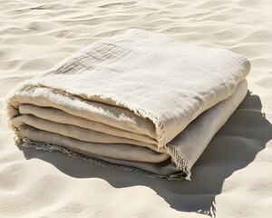 Soft Breezy Linen Throw Blanket Folded Elegantly On Sandy Beach Setting For Relaxed Coastal Vibes