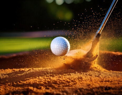 Dynamic golf ball shot from sand bunker with club, flying sand particles, outdoor sports action, sunny day, close up, energetic, professional golf scene