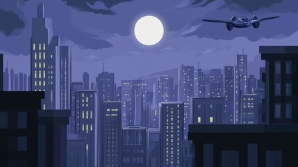 Naklejka premium Night Flight Over the Cityscape: A Nocturnal View of a Metropolis Under a Full Moon