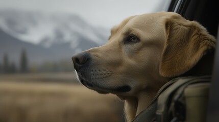Golden Retriever Gazing at Mountain Landscape
