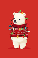 Fototapeta premium Cute Christmas polar bear with string lights and sweater on red background