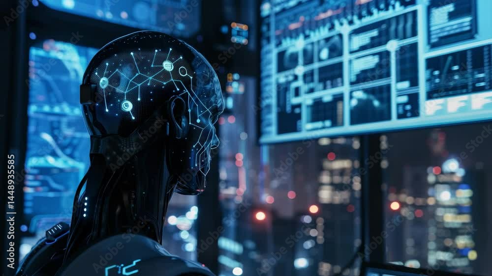 Poster dimly lit room with ai analyzing data on multiple glowing computer screens in 4k resolution