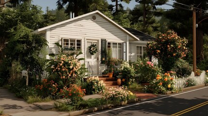 Fototapeta premium Experience Cozy Bungalow Charm with a Heartwarming Home Surrounded by a Lush Flower-Filled Garden Oasis