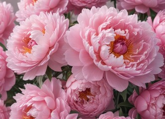 Tightly packed pink peony blossoms, soft pink hue, romantic, macro, design