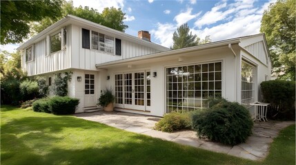 Bright airy residential house styled with wide windows open floor plan and contemporary architectural details