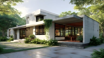 Fototapeta premium Showcase contemporary flat roof houses with open floor plans and glass facades for residential design