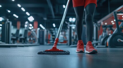 Person Cleaning Gym Floor with Mop in Spacious Fitness Center during Daytime