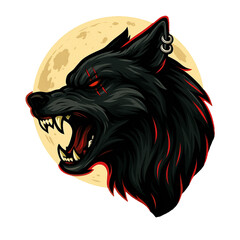 Black dog illustration design with full moon background 