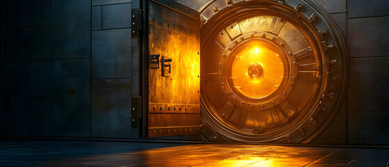 Illuminated industrial vault door slightly ajar revealing a mysterious inner light