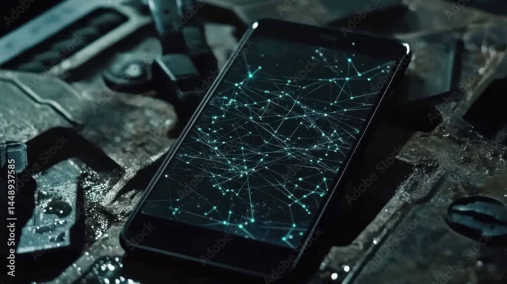 Poster abstract digital network visualization on smartphone display screen