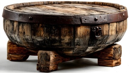 Fototapeta premium Bespoke Rustic Wine Barrel Table Isolated on White Background for Custom Furniture and Farmhouse Decor Inspiration