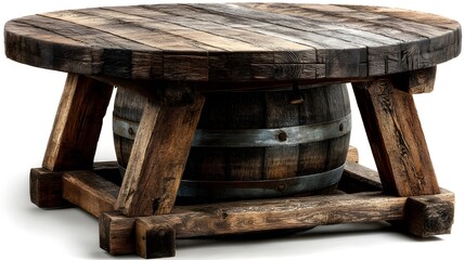 Showcase craftsmanship with bespoke wine barrel tables isolated on white backgrounds offering handcrafted furniture inspiration