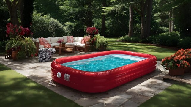 Elevate pool parties with crimson red inflatable pools in spacious backyards for eye catching appeal