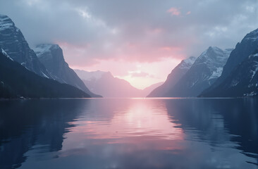 Water in the mountains, cold colors, soft clouds