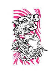 shark japan traditional cloth or t-shirt with digital hand drawn Embroidery Men T-shirts Summer Casual Short Sleeve Hip Hop T Shirt Streetwear