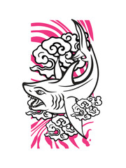 shark japan traditional cloth or t-shirt with digital hand drawn Embroidery Men T-shirts Summer Casual Short Sleeve Hip Hop T Shirt Streetwear