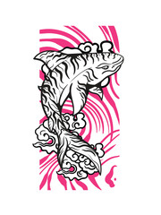 shark japan traditional cloth or t-shirt with digital hand drawn Embroidery Men T-shirts Summer Casual Short Sleeve Hip Hop T Shirt Streetwear