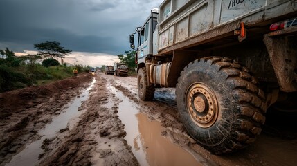 Obraz premium Essential Gear and Techniques to Free a Truck Bogged Down on Muddy Construction Roads Efficiently