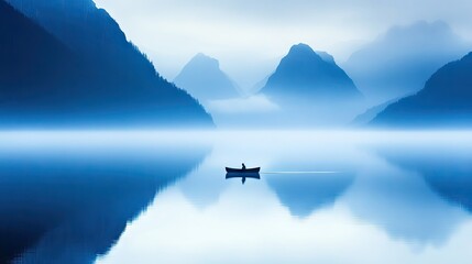 Tranquil lake scene with a solitary boat.