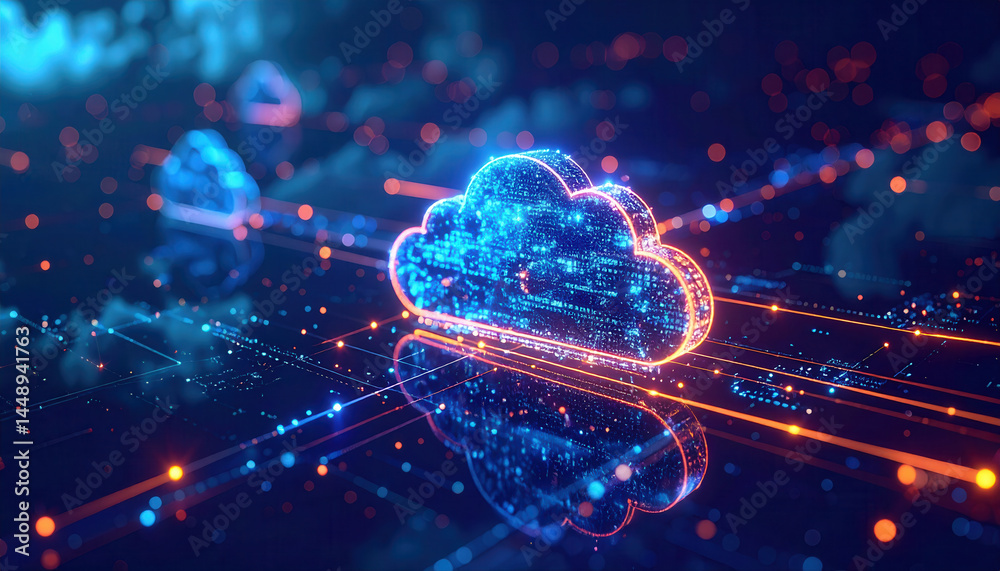 Poster digital cloud icon representing cloud computing and data storage
