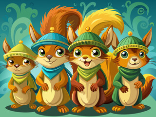 Obraz premium vector of Four fantasy squirrels with textured hats for desktop backgrounds and more