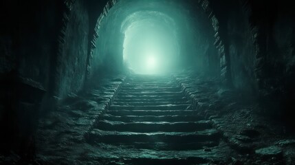 Fototapeta premium Enigmatic Tunnel with Illuminated Exit A Mysterious Pathway Leading to Light Ideal for Fantas
