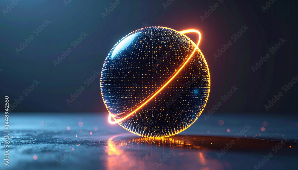 Poster digital globe with glowing data points and fiery ring orbiting it
