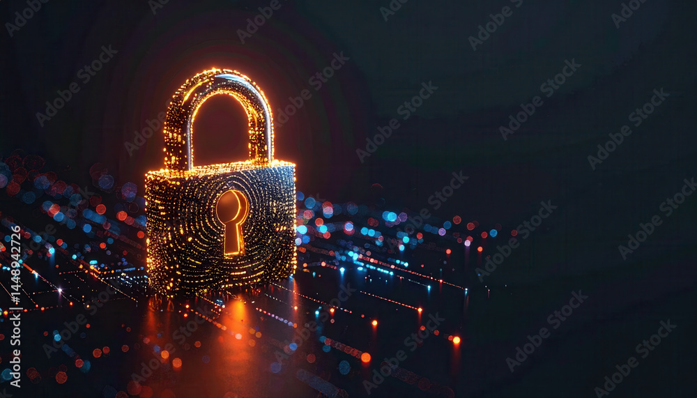 Poster digital lock made of glowing data points with secure digital theme