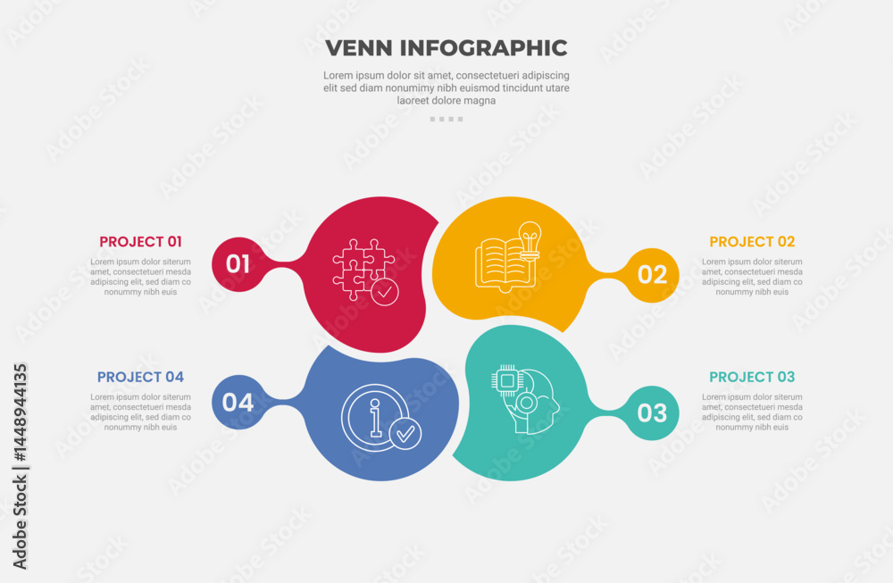 Aufkleber venn diagram infographic outline style with 4 point template with fluid circle shape on matrix struc