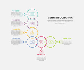 venn diagram infographic outline style with 6 point template with outline circle with arrow line with big arrow shape structure for slide presentation