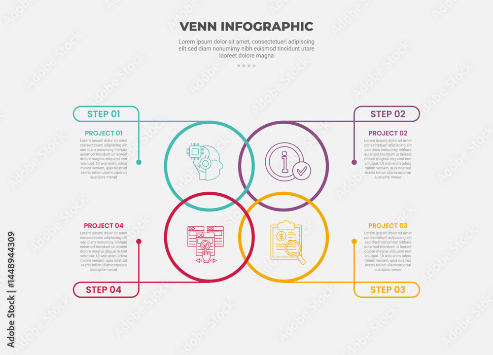 Leinwandbilder venn diagram infographic outline style with 4 point template with outline circle on matrix structure